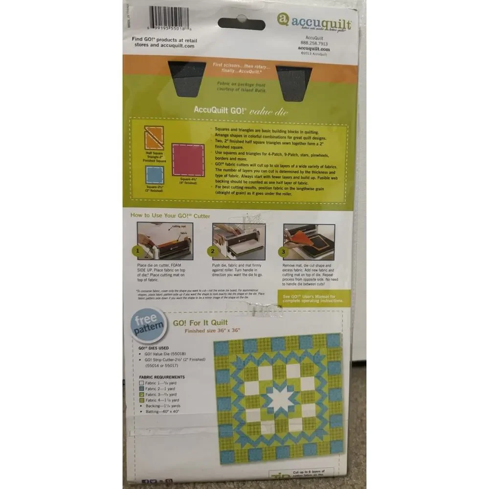 AccuQuilt 55018 Fabric Cutting Die , Cuts 4 Shapes, 2 Squares, 2 Triangles